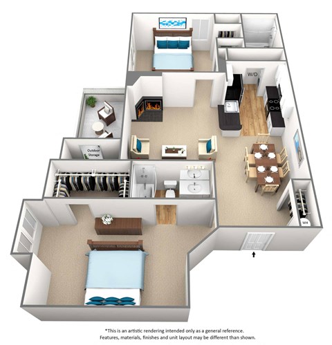 Floor plan for 2 beds, 2 baths, 1091 sqft